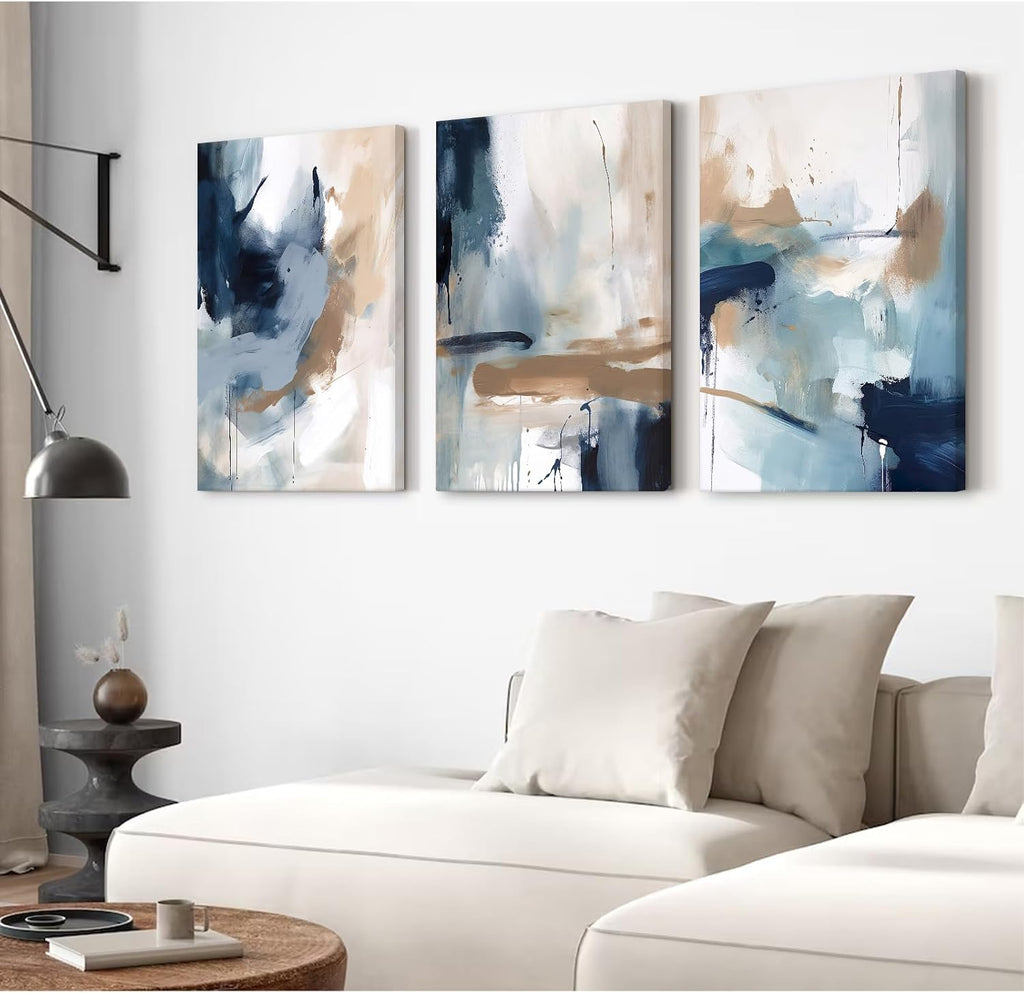 Navy Blue Pictures Wall Art Abstract Modern Painting Canvas Brown Watercolor Wall Art Decor Abstract Blue Poster Minimalist Graffiti Prints Artwork for Living Room 24x36 Inch Set of 3