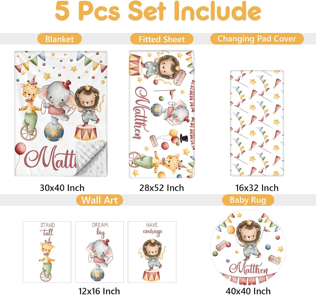 Terwex Custom Baby Crib Bedding Set, 5 Pcs Personalized Name Baby Crib Set with Double Layer Blanket, Soft Circus Animals Nursery Bedding Set for Girls Boys, Customized Gifts for Infants Toddlers