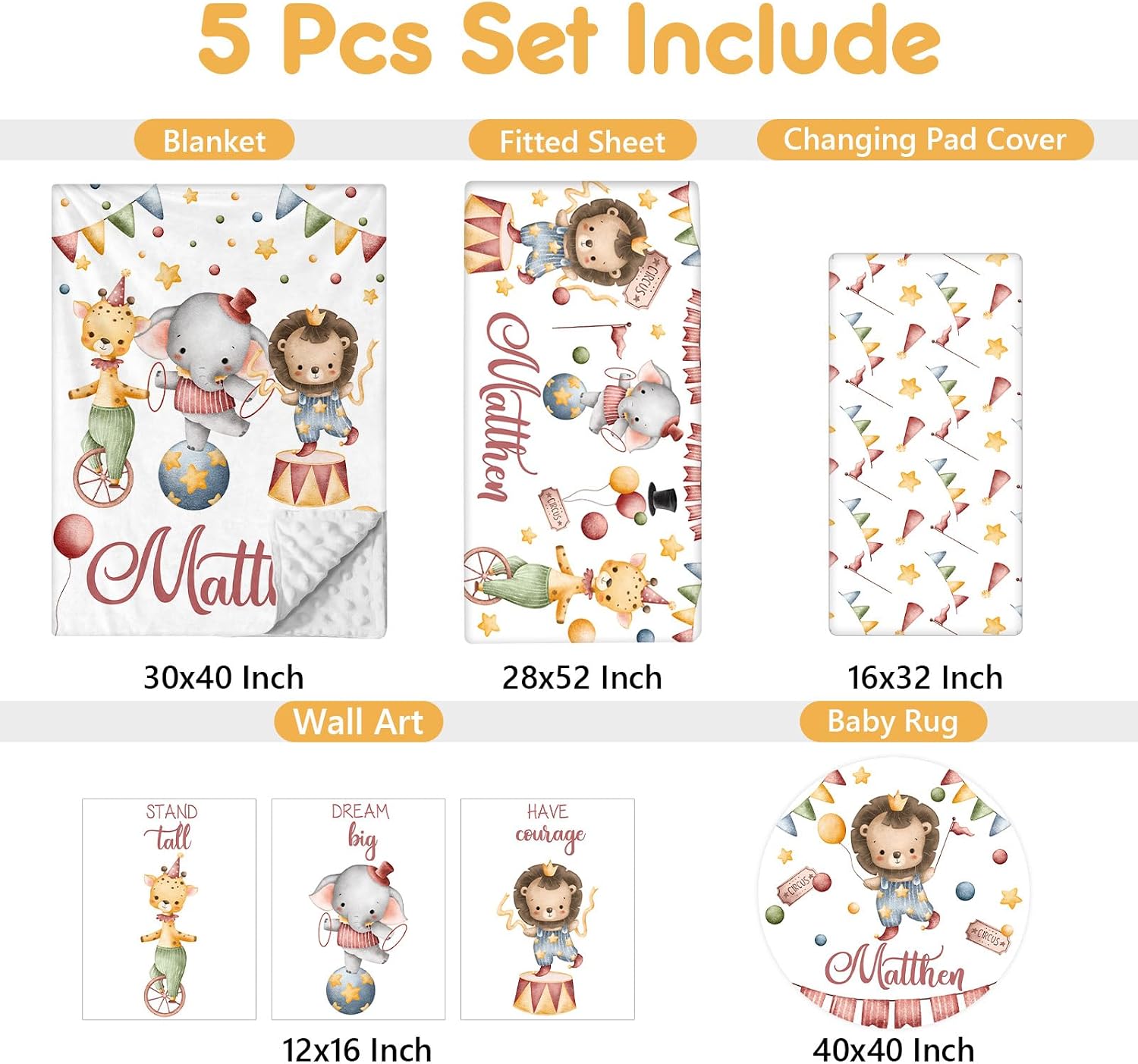 Terwex Custom Baby Crib Bedding Set, 5 Pcs Personalized Name Baby Crib Set with Double Layer Blanket, Soft Circus Animals Nursery Bedding Set for Girls Boys, Customized Gifts for Infants Toddlers