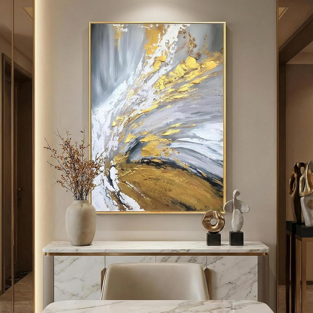 Large 3D Textured Abstract Canvas Wall Art for Entryway, Hand Painted Gold Foil Wall Painting for Office, Modern Luxury Gray & Gold Framed Artwork for Living Room Bedroom Home Décor 30x44 inches
