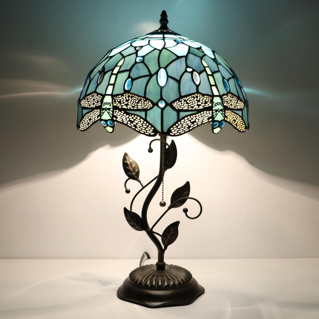 Tiffany Table Lamp Stained Glass Desk Lamp Metal Leaf Base Reading Light 12X19 Inch (Sea Blue Dragonfly)