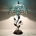 Tiffany Table Lamp Stained Glass Desk Lamp Metal Leaf Base Reading Light 12X19 Inch (Sea Blue Dragonfly)