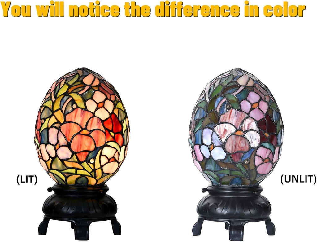 A0015 Tiffany Style Stained Glass Egg Table Lamp – Floral Pattern Decorative Night Light, 6.75' W x 12' OH for Bedroom Living Room Home Office, Vintage Accent Lamp,LED Bulb Included