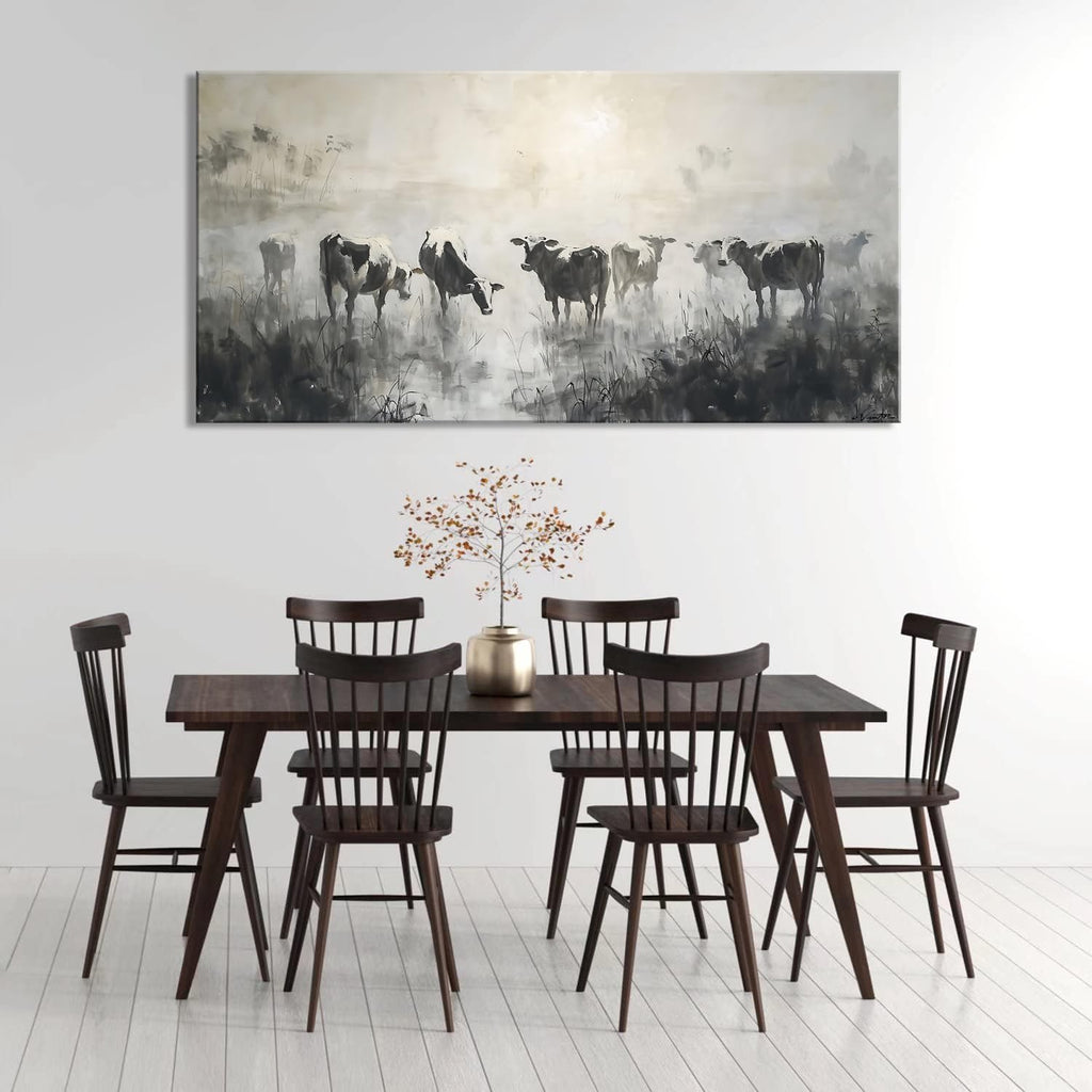 LASMOND Black and White Cow Wall Art for Living Room Ink Wash Canvas Painting Prints Morning Cattle Vintage Country Farmhouse Artwork Bedroom Office Decor (58x28 Inches)