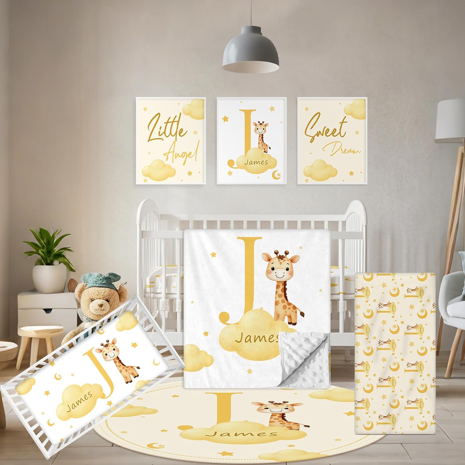 Terwex Custom Baby Bedding Set, 5 Pcs Personalized Name Baby Crib Sets for Infant Toddler Newborn, Yellow Giraffe Nursery Bedding Set for Girls Boys, Double Layer Crib Bedding Sets Customized Gifts