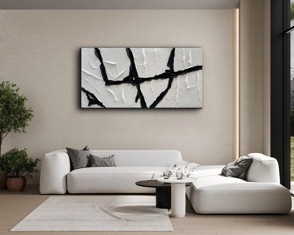 Creespi Hand Painted Black and White Thick Texture Oil Painting On Canvas,Modern Minimalist Abstract Wall Art for Home Decor 24x48 inch