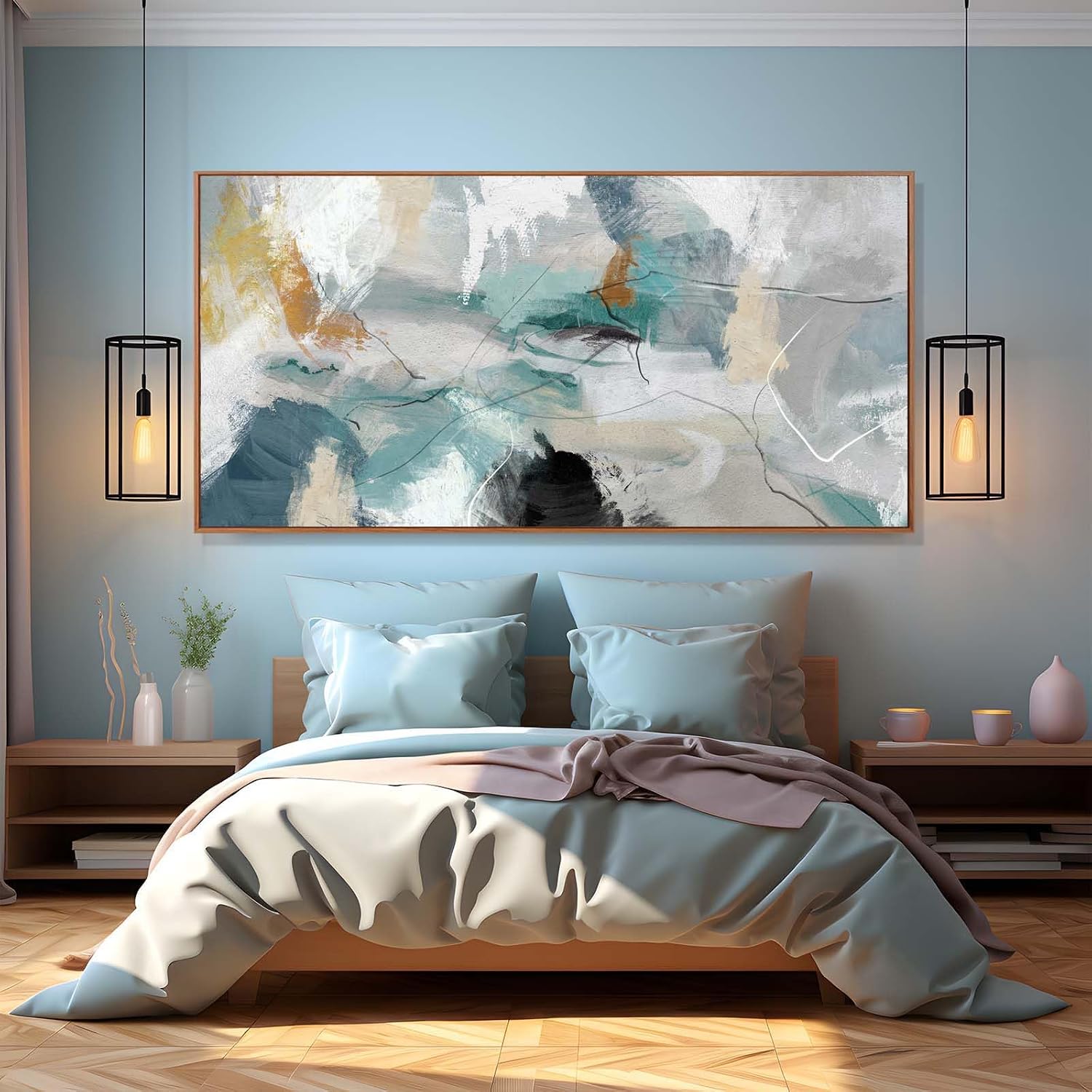 Kureful Green and White Canvas Wall Art Contemporary Wall Decor Abstract Poster Printing 36'x70' Office Art Pictures Bedroom Decorations