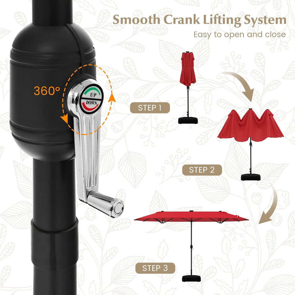 Tangkula 13FT Double-Sided Solar Patio Umbrella, Extra-Large Outdoor Twin Umbrella with 36 LED Lights, Vented Top, Crank Handle, 12 Ribs, Weighted Base Included for Backyard Poolside Deck (Wine)