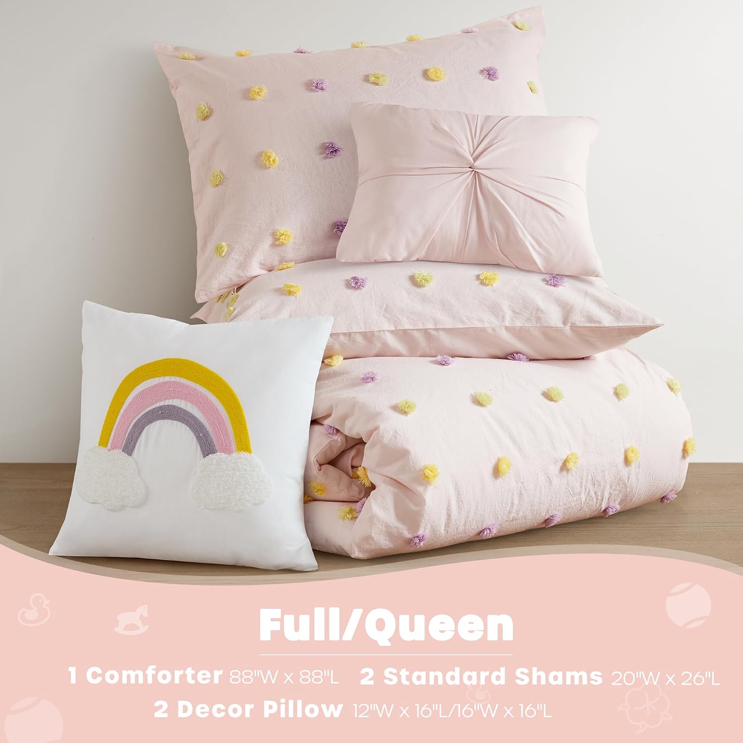 Intelligent Design Callie Girls Full/Queen Comforter Set, Pink 5-Piece Kids Bedding, 100% Cotton Tufted Pom Pom Tufted Jacquard, All Season Down Alternative, Cozy Shabby Chic Bedroom Décor