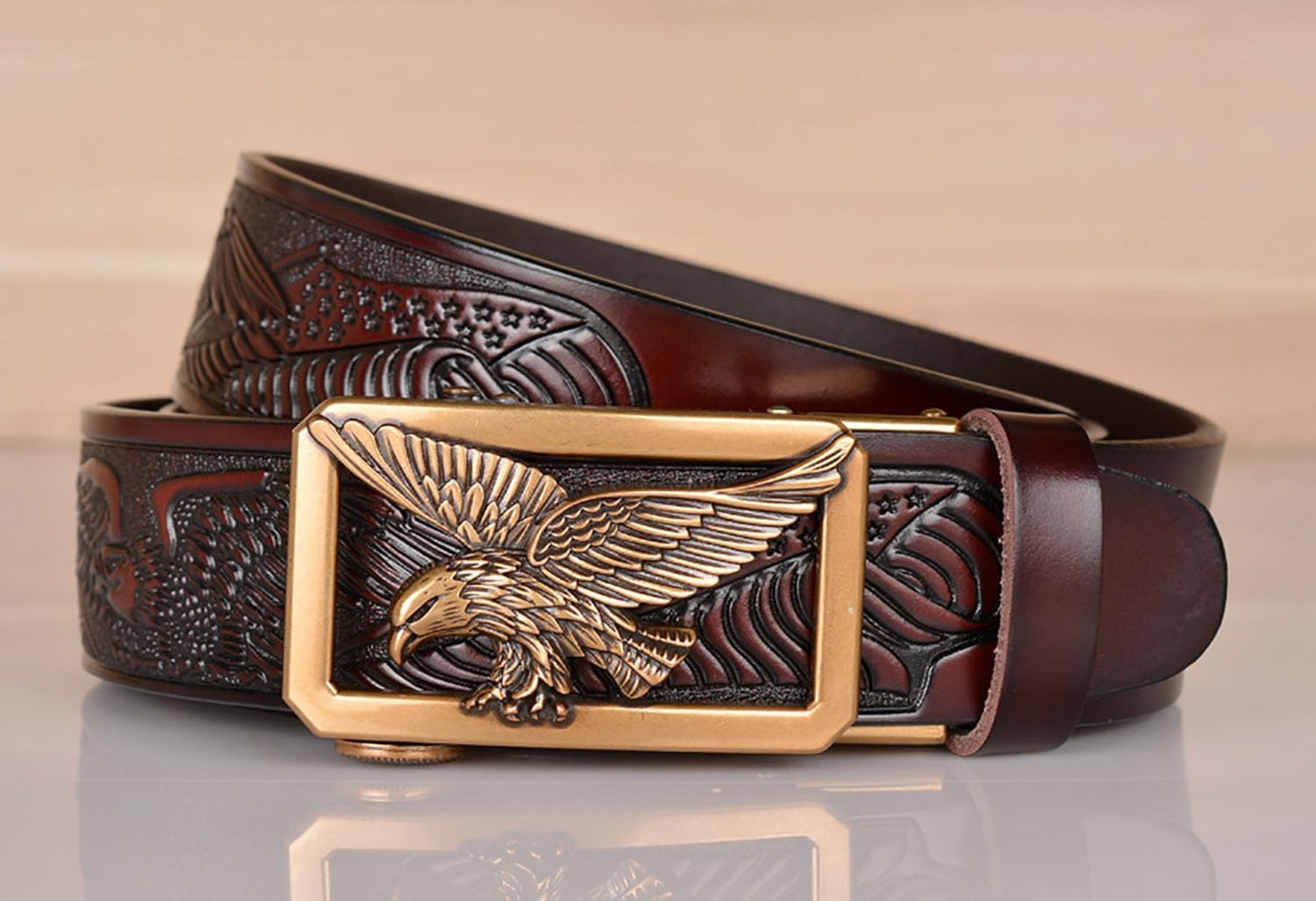 Mens Ratchet Leather Belt, Genuine Leather belts, Engraved Vintage Dragon Eagle Tiger Buckle, Business leisure belt