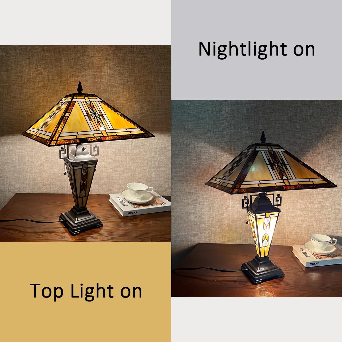 Tiffany Table Lamps with Nightlight,16' Wide Handmade Stained Glass Desk Lamp for Reading,3-Lights Mission Style Antique Nightstand Light for Living Room Bedroom Office