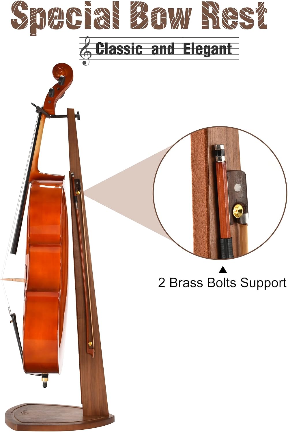 Cello Stand with Bow Holder, Handcrafted Walnut Wood Floor Stand for 4/4 Full-Size and 1/2, 1/4, 3/4, 1/8, 7/8, Cello Holder Rack for Home and Studio Display