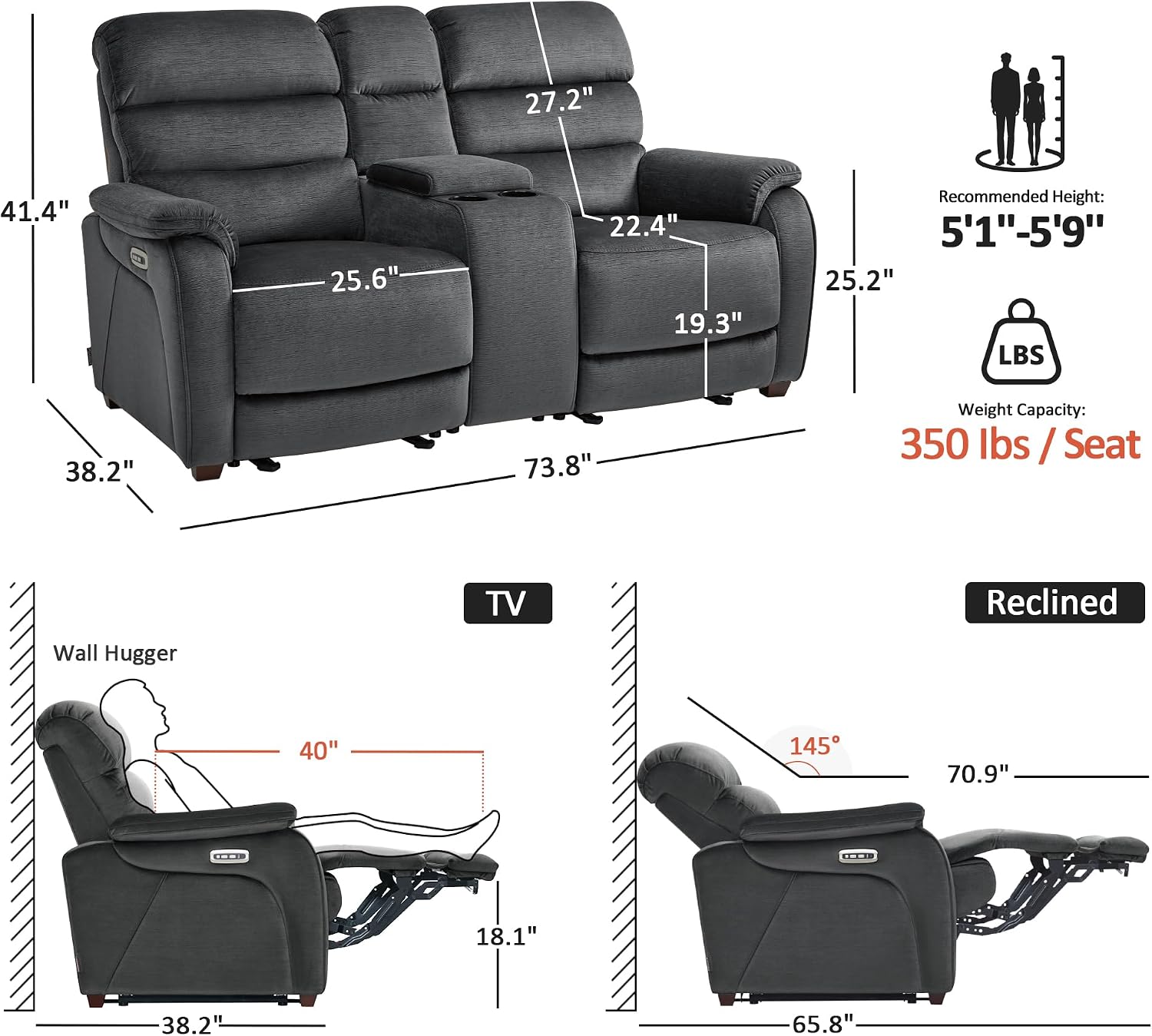 MCombo 73.8'' Wall Hugger Power Loveseat Recliner, Reclining Loveseat with Console, Adjustable Headrest, USB Charge Ports, Cup Holders, for Living Room, RVs, Small Spaces, Fabric ST258M2 (Dark Grey)
