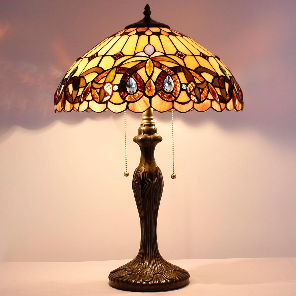 WERFACTORY Tiffany Style Table Lamp Colorful Stained Glass Serenity Victorian Bedside Lamp16X16X24 Inches Desk Light Metal Base Decor Bedroom Living Room Home Office S021 Series