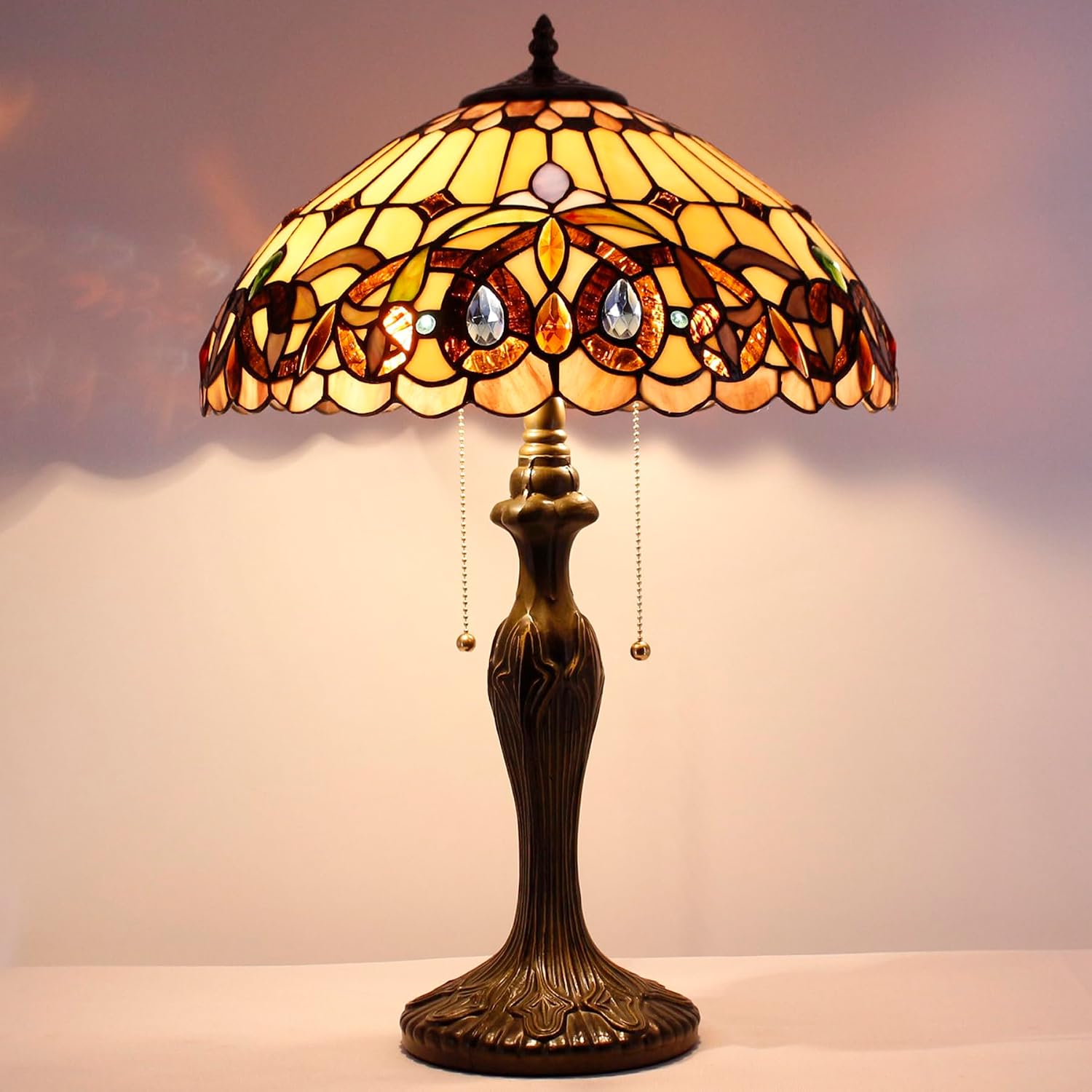 WERFACTORY Tiffany Style Table Lamp Colorful Stained Glass Serenity Victorian Bedside Lamp16X16X24 Inches Desk Light Metal Base Decor Bedroom Living Room Home Office S021 Series