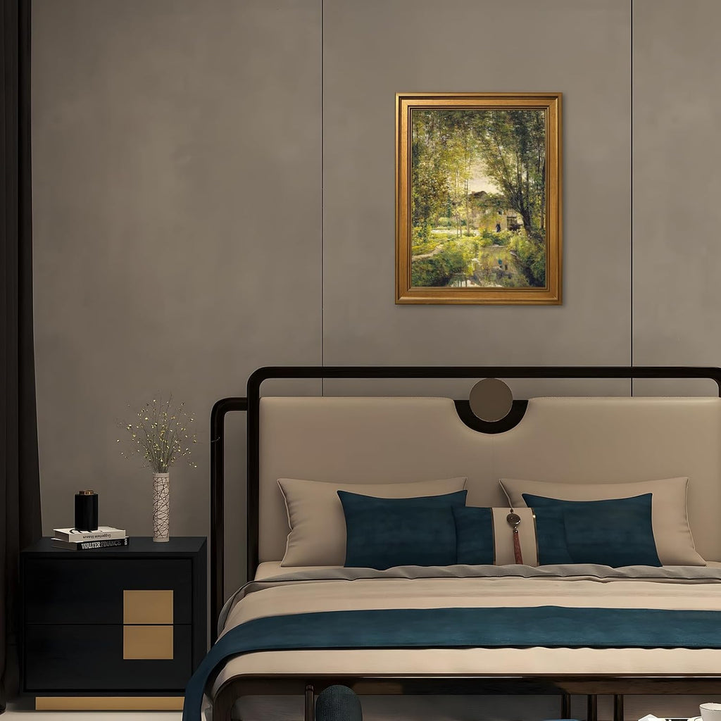 Gold Framed Vintage Wall Art Decor River Landscape Canvas Print Cottage Painting Rural Farmhouse Decor Tranquil Nature Scenery Picture Poster for Living Room Bedroom Office 24X36inch