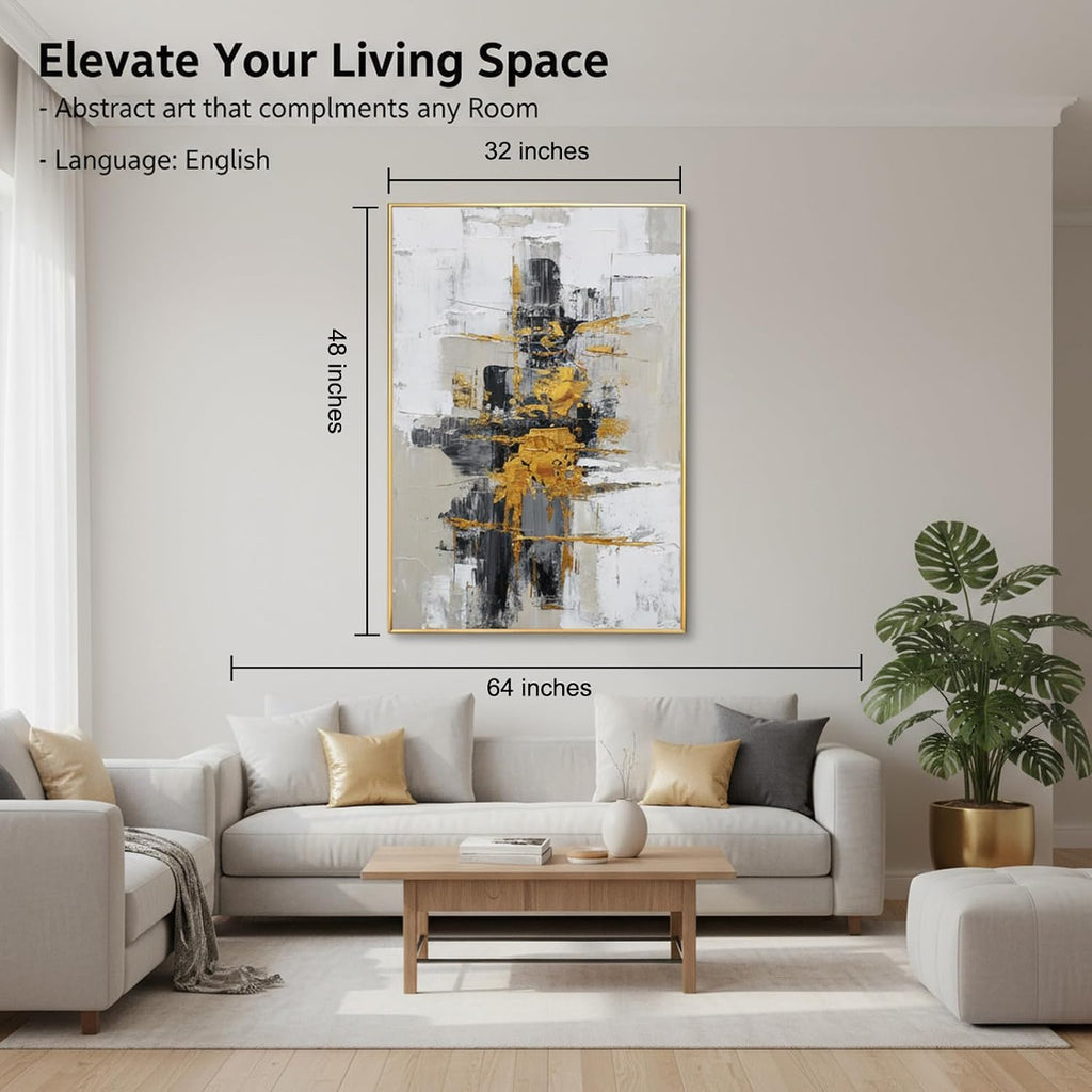 Hand-Painted Abstract Living Room Wall Art,Framed Large Black and White Canvas Oil Painting for bedroom,3D Gold Thick Textrued Abstract Wall Decor for Office Home Decoration 32x48 inches