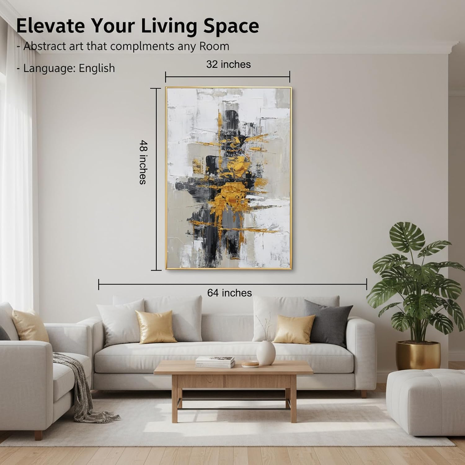 Hand-Painted Abstract Living Room Wall Art,Framed Large Black and White Canvas Oil Painting for bedroom,3D Gold Thick Textrued Abstract Wall Decor for Office Home Decoration 32x48 inches
