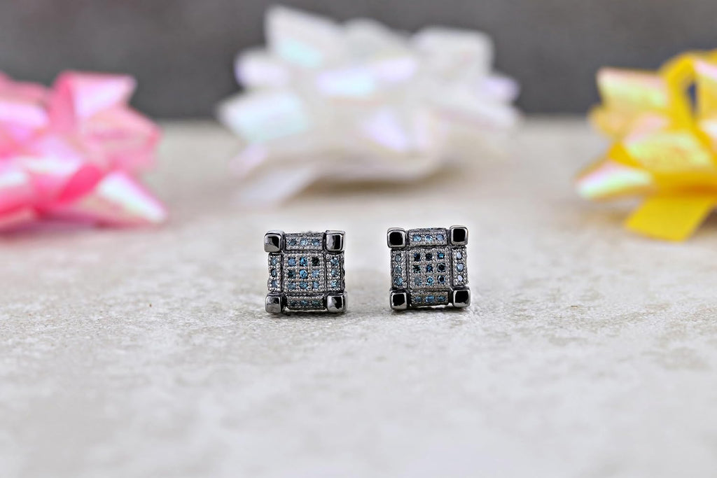 Dazzlingrock Collection 0.25 Ctw Round Blue or Red Natural Diamond 7mm Cube Hip Hop Studs in Black Plated 925 Sterling Silver, Unisex Design Ladies,Mens Real Diamond Earrings
