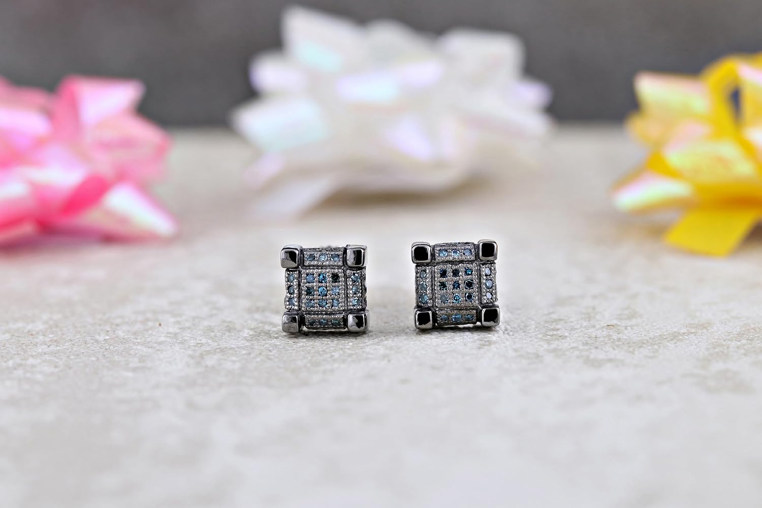 Dazzlingrock Collection 0.25 Ctw Round Blue or Red Natural Diamond 7mm Cube Hip Hop Studs in Black Plated 925 Sterling Silver, Unisex Design Ladies,Mens Real Diamond Earrings