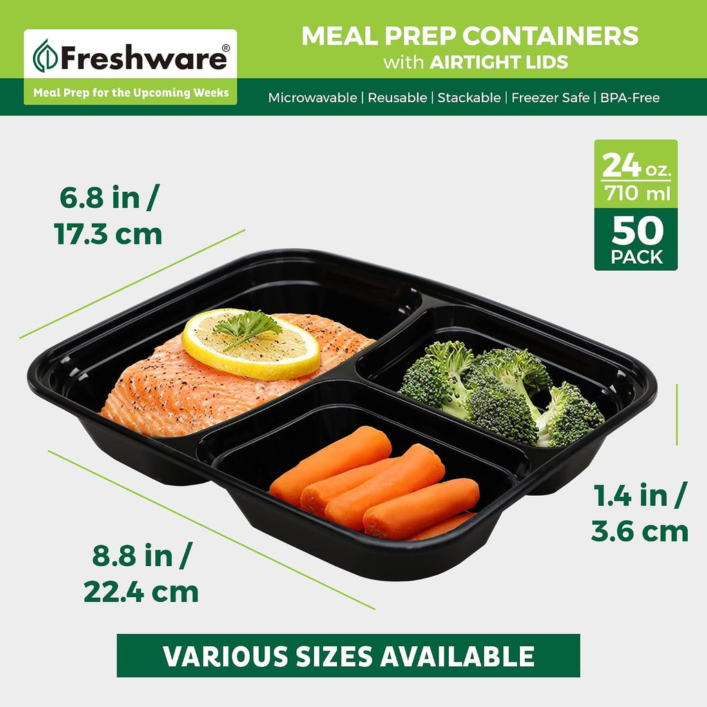 Freshware Meal Prep Containers 50 Count, 3 Compartment Food Storage Containers with Lids, Bento Box, BPA Free, Stackable, Microwave/Dishwasher/Freezer Safe (24 oz) (Pack of 6)