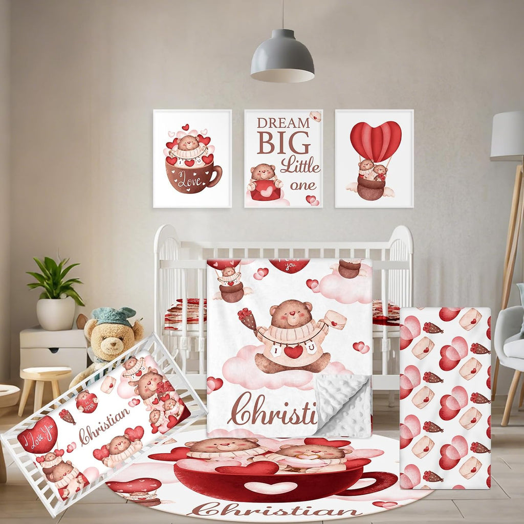 Terwex Custom Crib Bedding Set, 5 Pcs Personalized Name Nursery Bedding Set with Double Layer Flannel Blanket, Heart & Bear Baby Crib Set for Girls Boys, Customized Gifts for Infants Babies Toddlers