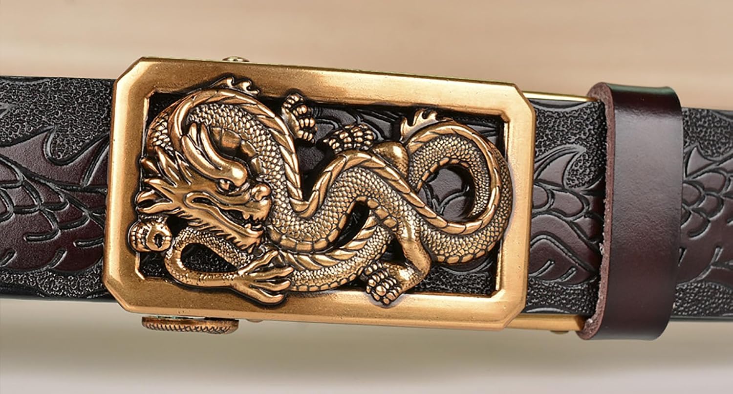 Mens Ratchet Leather Belt, Genuine Leather belts, Engraved Vintage Dragon Eagle Tiger Buckle, Business leisure belt