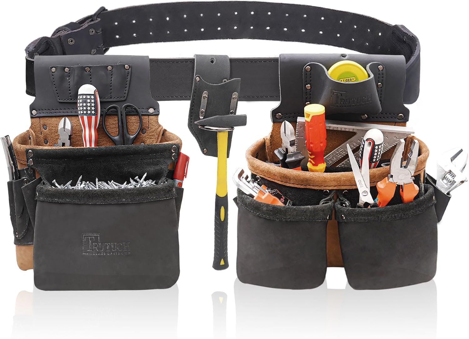 Grain Leather Tool Belt | Tool Rig Set | Tool Pouch | Drywall Tool Belt | Carpenter Tool Bag | Leather Tool Belts for Men | Construction | Framers | Electrician (Black & Brown)