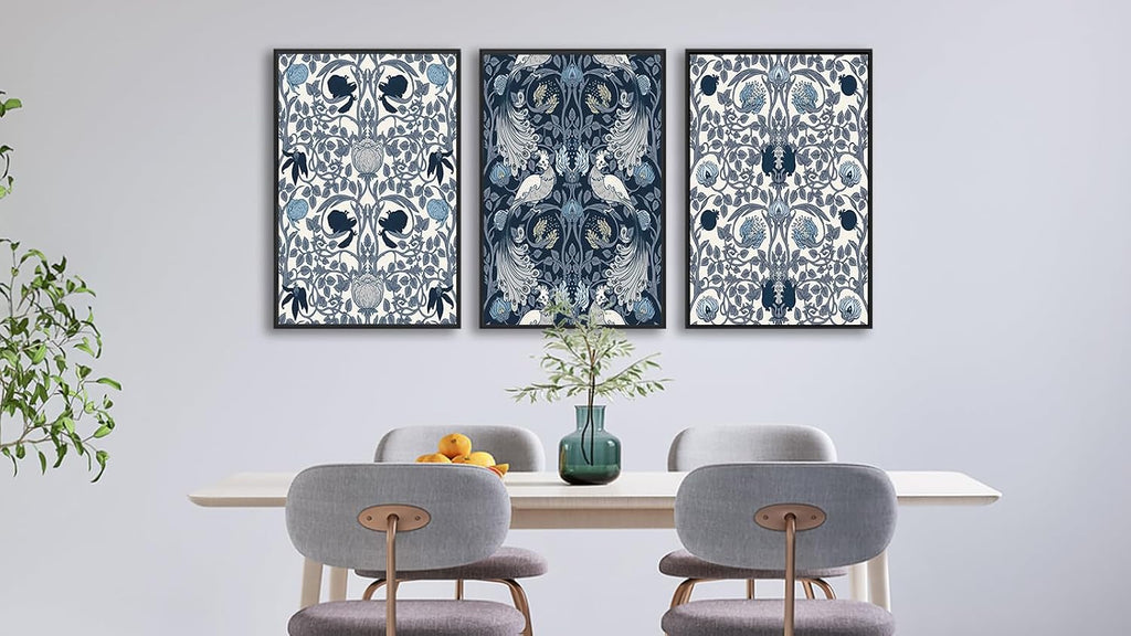 Large Framed Canvas Wall Art - Navy Blue Pictures William Morris Style for Living Room Boho Prints Bird Flower Wall Decor for Bedroom Dining Room Black Float Frame 32' X 48' X 3 Pieces