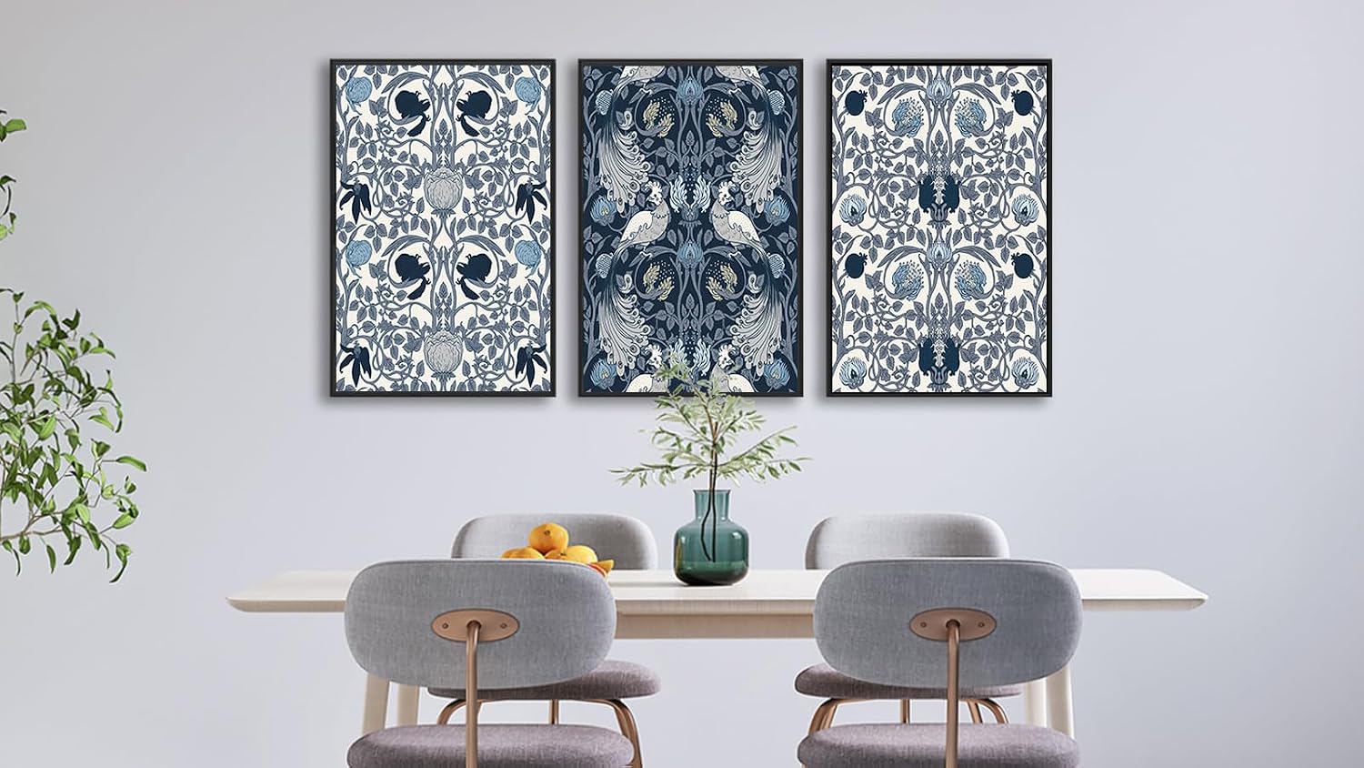 Large Framed Canvas Wall Art - Navy Blue Pictures William Morris Style for Living Room Boho Prints Bird Flower Wall Decor for Bedroom Dining Room Black Float Frame 32' X 48' X 3 Pieces