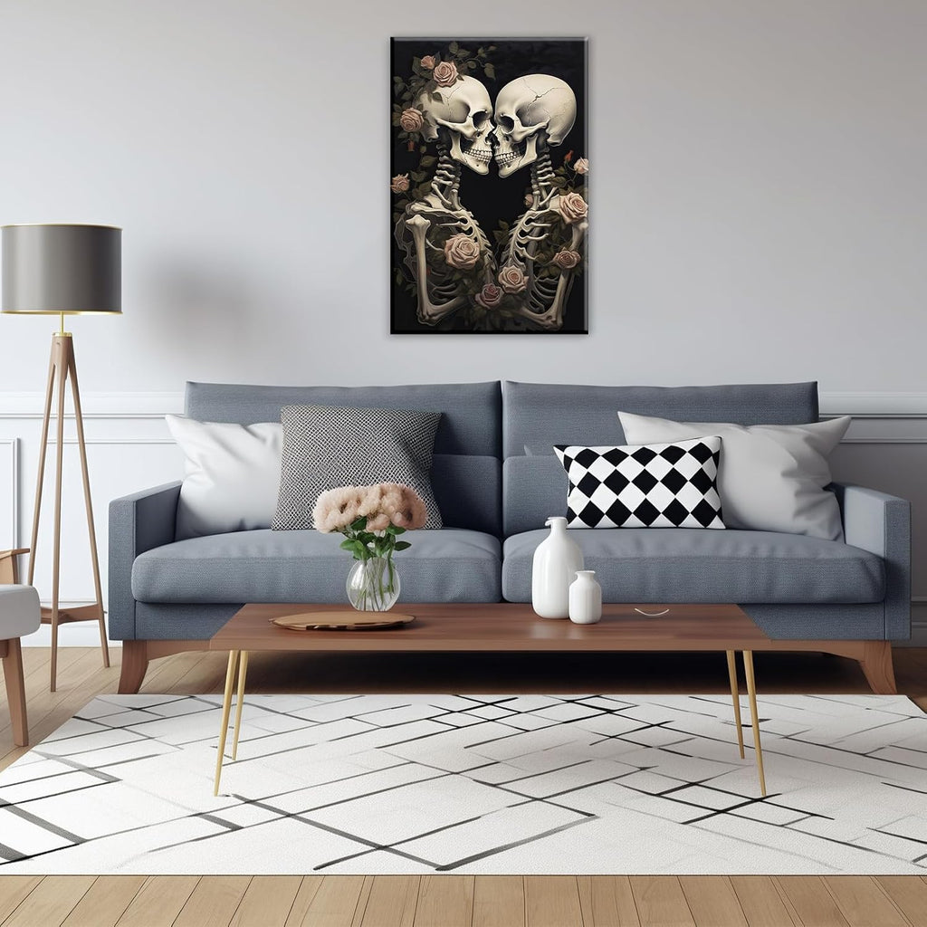 OAAPITI Vintage Skeleton Canvas Wall Art Gothic Painting Artwork Retro Rose Skull Art Poster Abstract Romantic Theme Picture Halloween Living Room Decor(Artwork-4,28'x42')