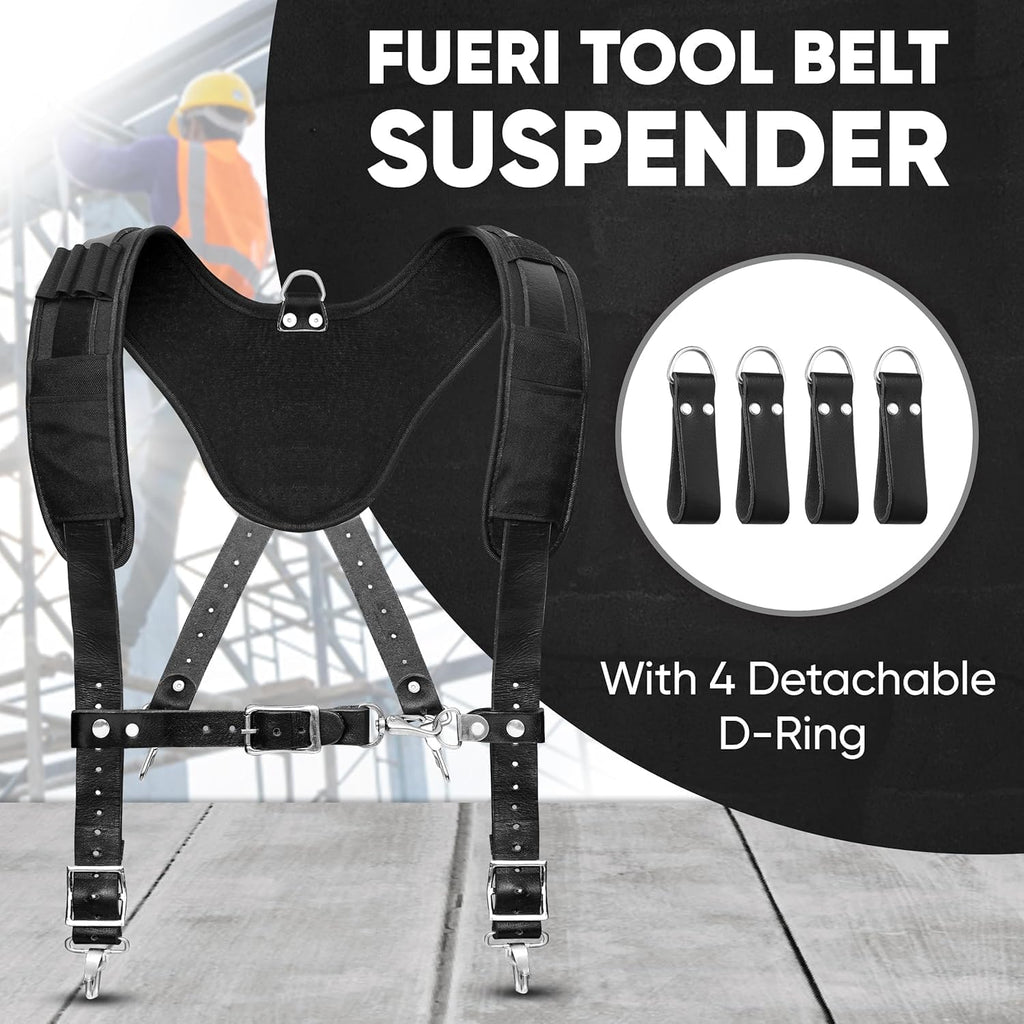 FUERI Leather Tool Belts with Suspender for Men, Heavy-Duty Durable Carpenter Tool Rig Organizer With 19 Pockets-2 Pouches, Padded Suspender, Hammer Holder, D-Loops & Foam-Padded Belt Electricians