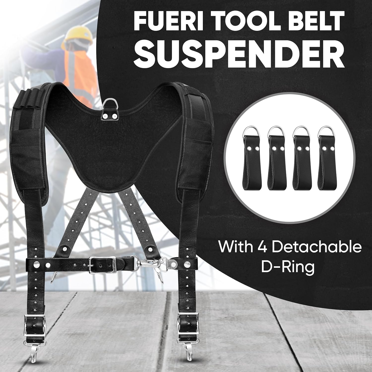 FUERI Leather Tool Belts with Suspender for Men, Heavy-Duty Durable Carpenter Tool Rig Organizer With 19 Pockets-2 Pouches, Padded Suspender, Hammer Holder, D-Loops & Foam-Padded Belt Electricians