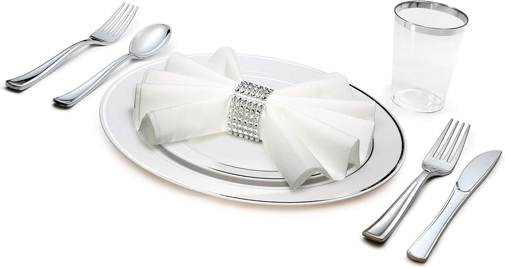 ' OCCASIONS ' 1080 pcs/120 Guest-Full Tableware Set-Wedding Disposable Plastic Plates, Silverware, Silver Rimmed Tumblers & Linen Feel Napkins w/napkin Rings(Combo C, White & Silver Rim)
