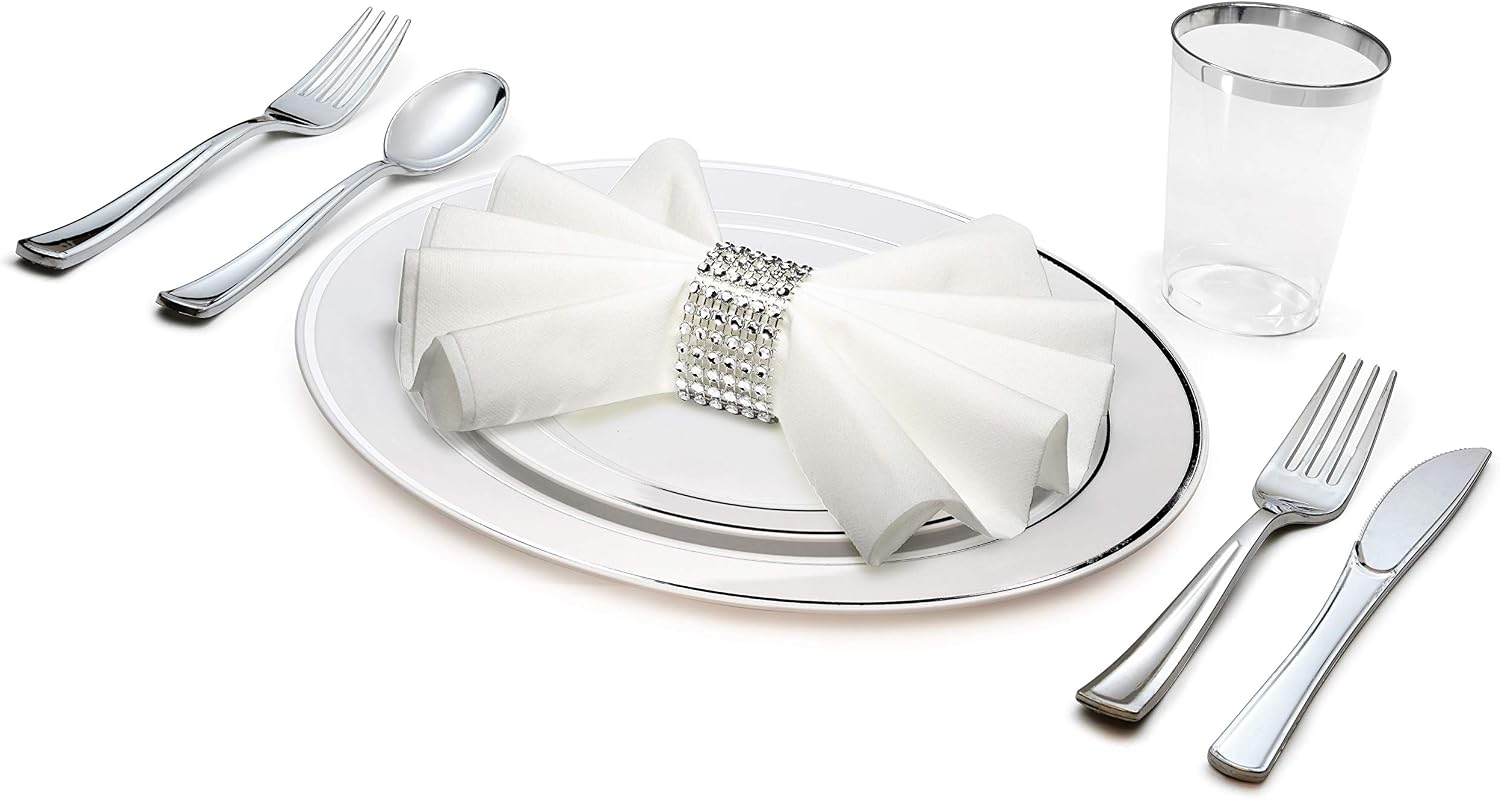' OCCASIONS ' 1080 pcs/120 Guest-Full Tableware Set-Wedding Disposable Plastic Plates, Silverware, Silver Rimmed Tumblers & Linen Feel Napkins w/napkin Rings(Combo C, White & Silver Rim)
