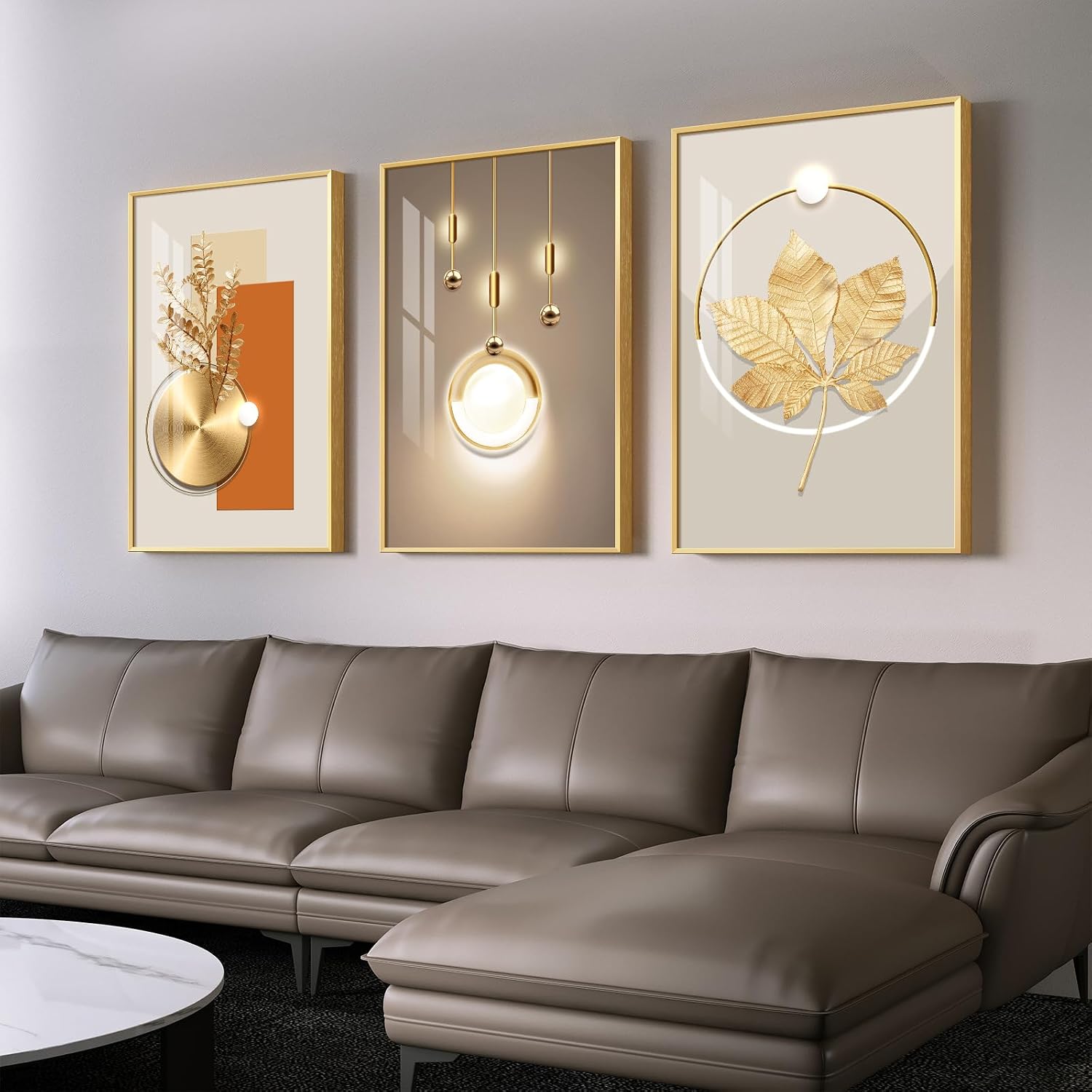 Framed Modern Luxury Gold Wall Art for Living Room, Set of 3 Piece Contemporary Paintings Artwork for Walls, Golden Prints Pictures with Gold Frame, Wall Decor for Home Office - Total 30' x 60'