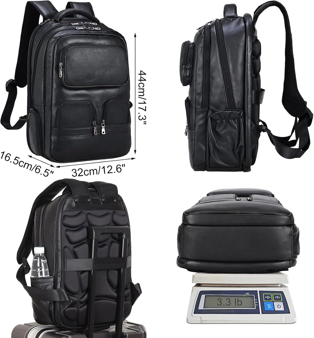 Masa Kawa Black Genuine Leather 17' Laptop Backpack for Men Large Summer Business Travel Rucksack Bag Overnight Daypack