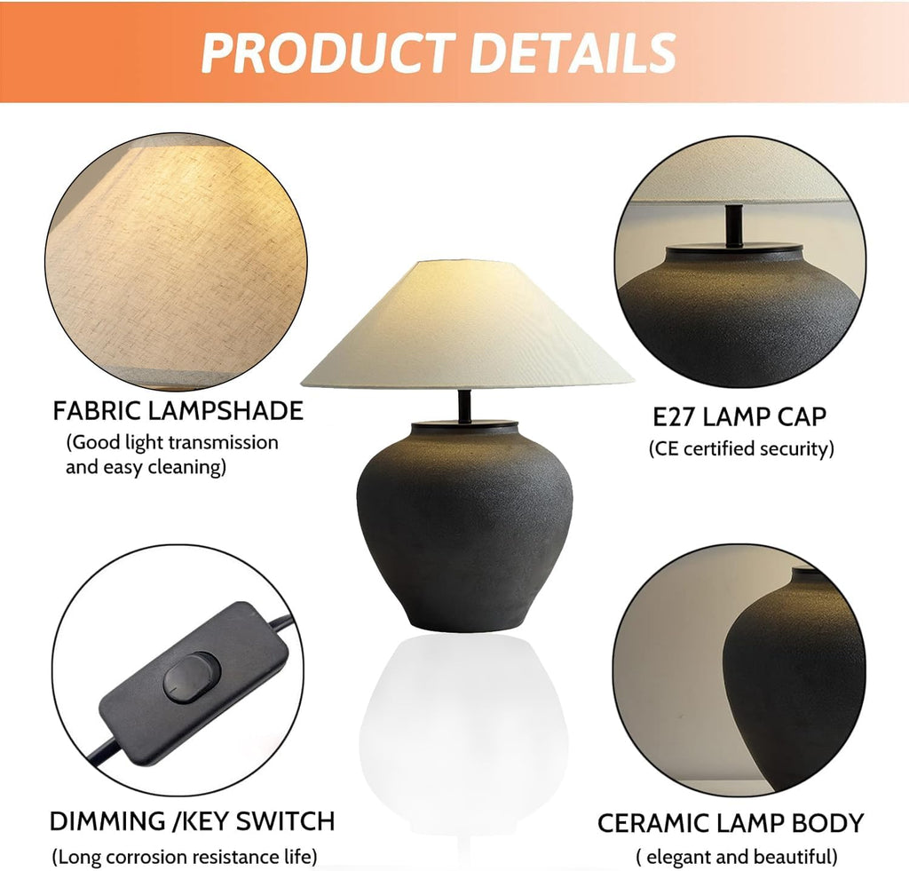 Farmhouse Table Lamps Black 18.8' Tall Ceramic Table Lamp Rustic Southwestern Clay Pot Ceramic Lampshade with Fabric Shade Bedside Nightstand for Living Room Bedroom House Office Entryway (Black)