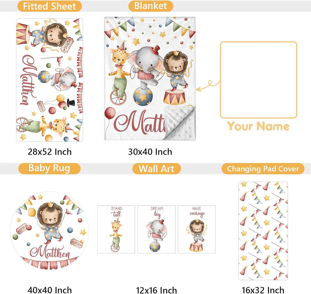 Terwex Custom Baby Crib Bedding Set, 5 Pcs Personalized Name Baby Crib Set with Double Layer Blanket, Soft Circus Animals Nursery Bedding Set for Girls Boys, Customized Gifts for Infants Toddlers
