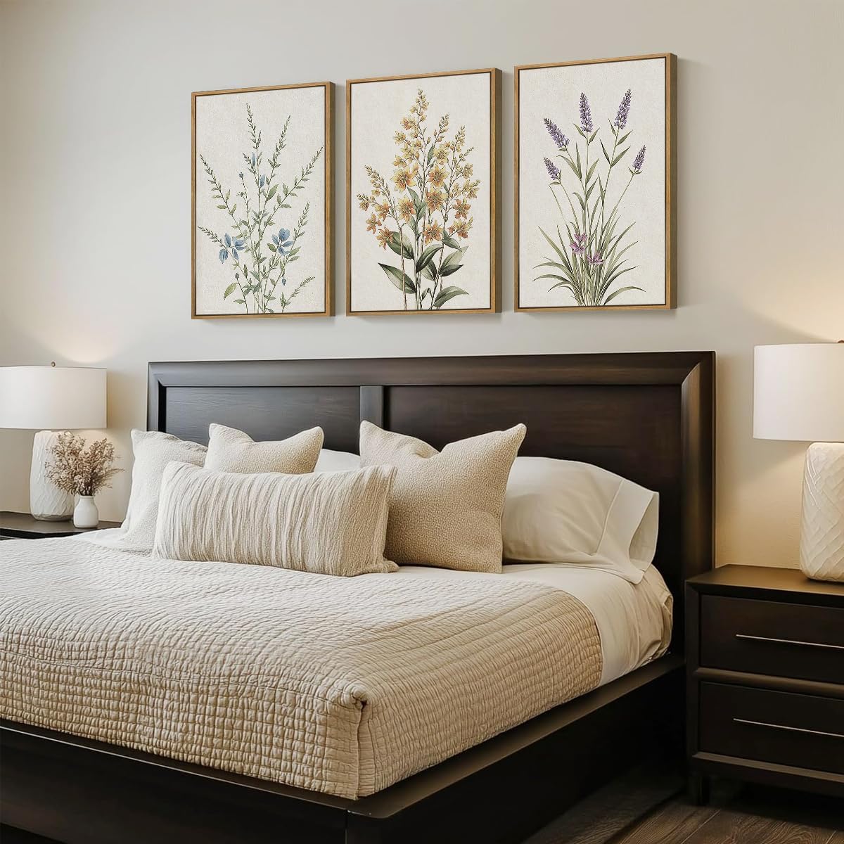 Anyzal Extral Large Botanical Framed Wall Art 24x36 Inch Neutral Floral Canvas Wall Decor Minimalist Beige Wildflower Painting for Living Room Bedroom Dining Room Set of 3