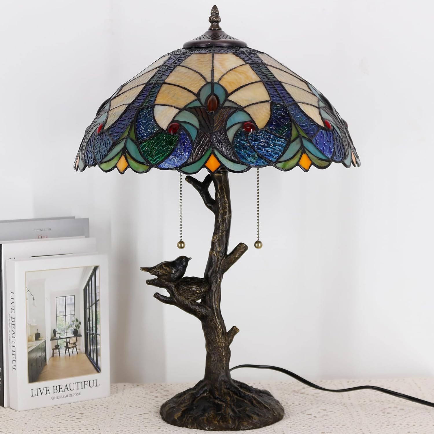 Table Lamp Base Replacement Only, Wide 7 Height 23 Inch, Fit for 12, 14, 16, 18 Inch Tiffany Style Stained Glass Lampshade, Dark Bronze Finish, Resin, Pull Chain Switch(F (W7H23 Inch))