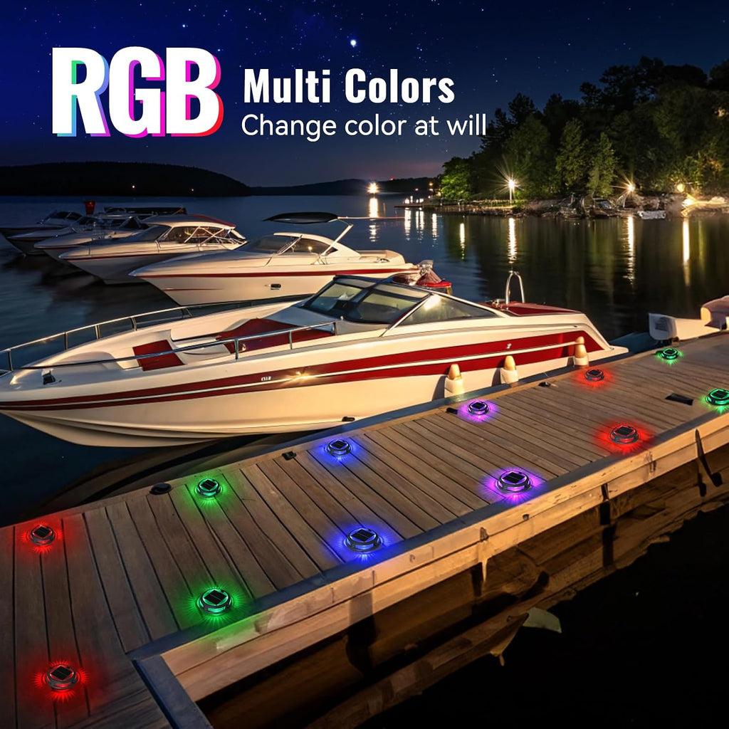 Solar Driveway Lights Outdoor 16 Pack, RGB Colors Solar Deck Dock Lights Outdoor Waterproof IP68, 3 Dynamic Light Modes Driveway Marker for Warning Stair, Boat Dock, Step, Walkway, Patio Decor