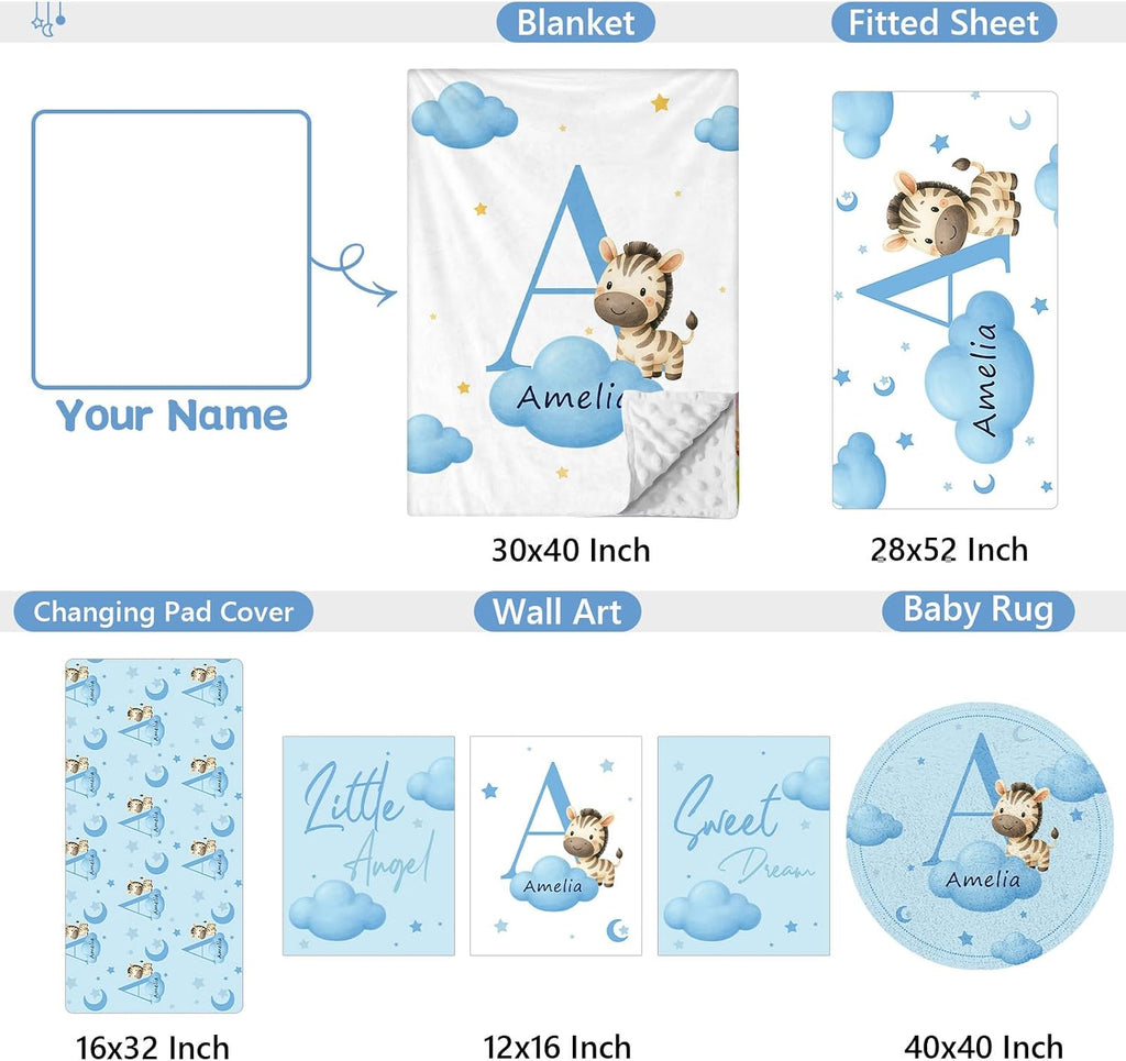 KAINSY Custom Crib Bedding Set, 5 Pcs Personalized Name Monogram Baby Crib Sets for Infants Toddlers, Blue Zebra Nursery Bedding Set for Boys Girls, Double Layer Baby Bedding Sets Customized Gifts