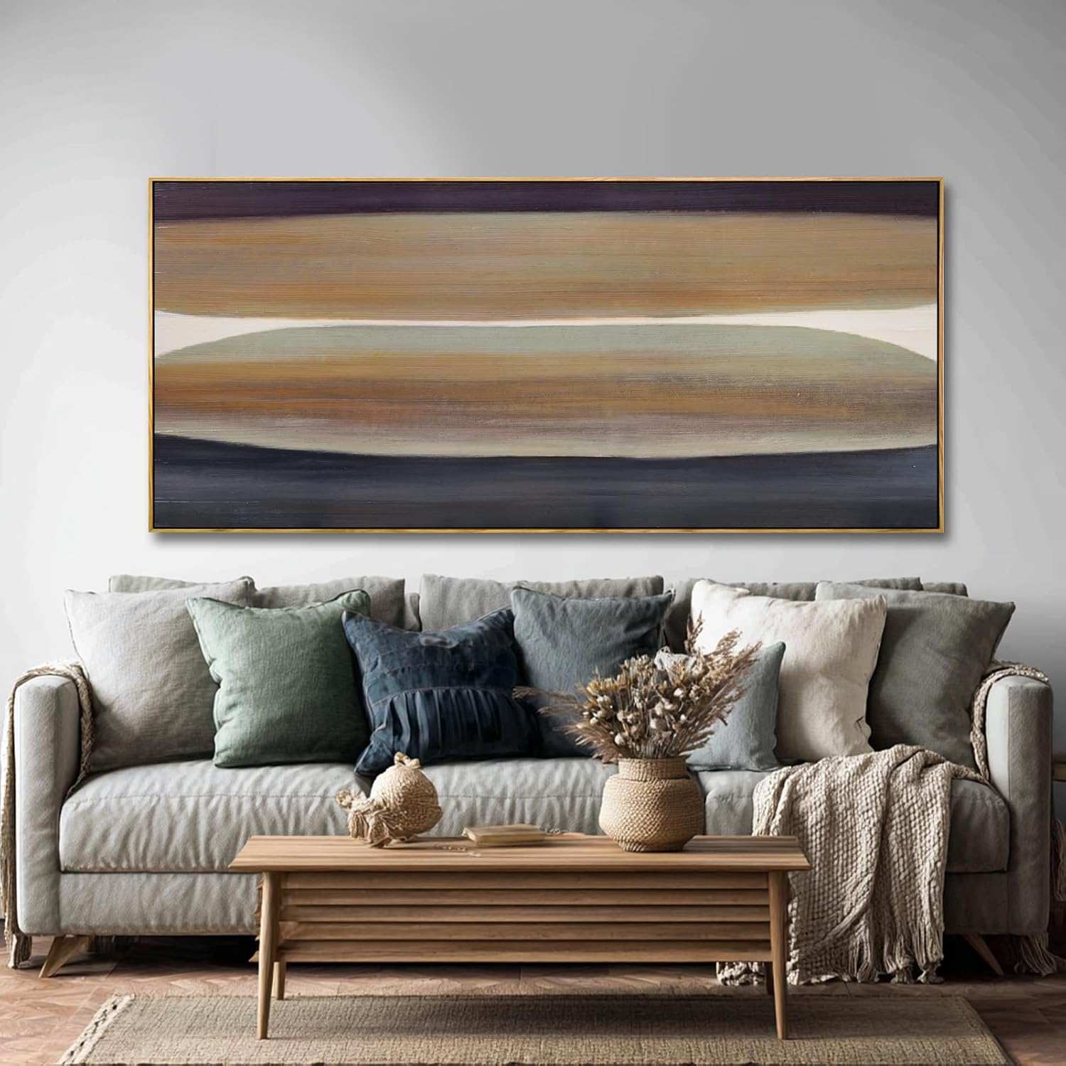Beige Brown Hand-painted Canvas Wall Art, 32x70 Inch Framed Horizontal Abstract Artwork with Neutral Tones for Living Room Decor