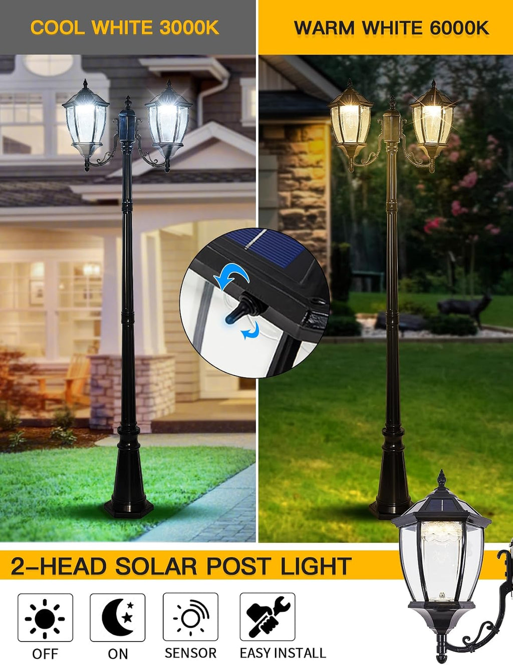 2-Heads Outdoor Solar Lamp Post Lights with Dusk to Dawn Sensor, Classic Exterior Solar Pole Lights with Waterproof, Black Street Lights with Clear Glass for Garden, Patio, Pathway, Driveway