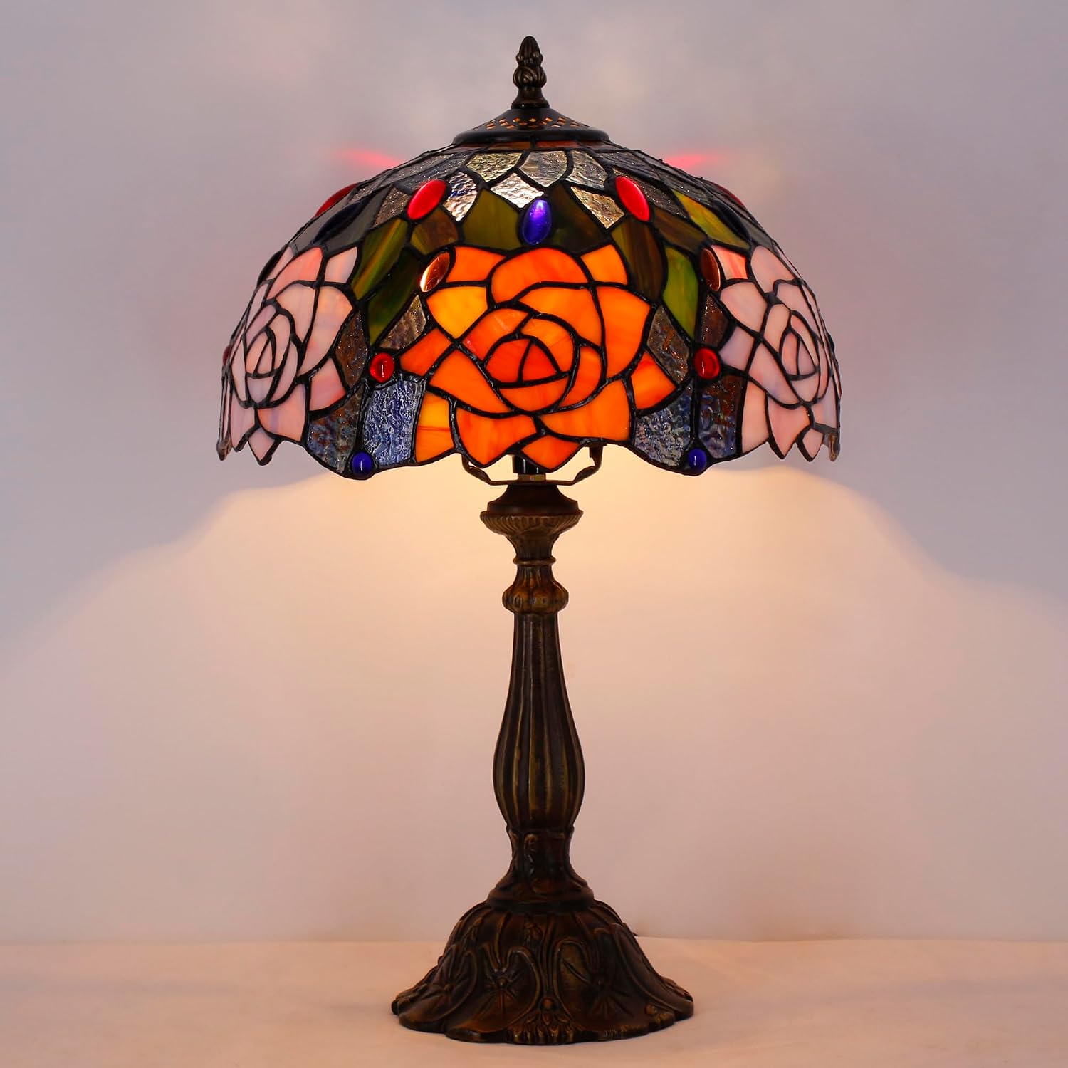 Tiffany Lamp Touch Control Table Lamp Orange Purple Stained Glass Desk Lamp 12X12X19 Inches Rose Flower Style Reading Light