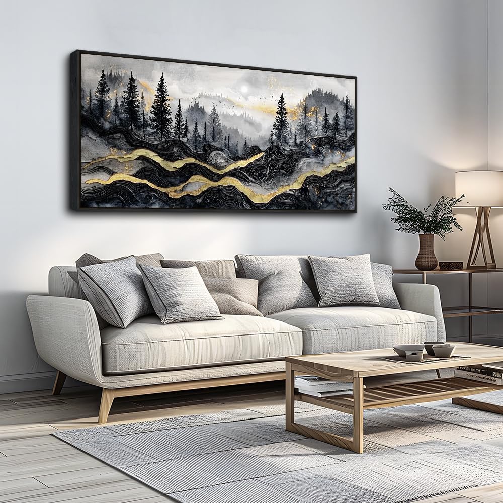 KELIYUAAN Large Canvas Wall Art For Living Room Black Framed Wall Decor For Bedroom Office Wall Decorations Prints Pictures Abstract Mountain Landscape Painting Home Decor Aesthetics 24'X48'
