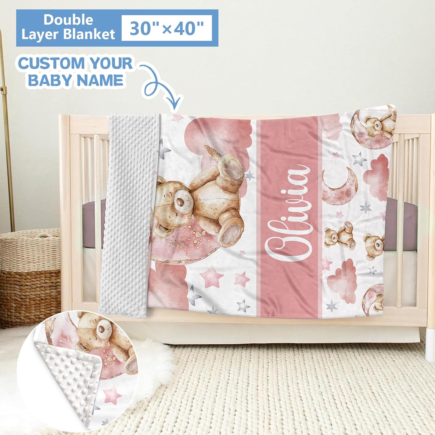 KAINSY Custom Baby Crib Set, 5 Pcs Personalized Name Pink Bear Theme for Infants Toddlers, Nursery Bedding for Girls, Double Layer Customized Gifts