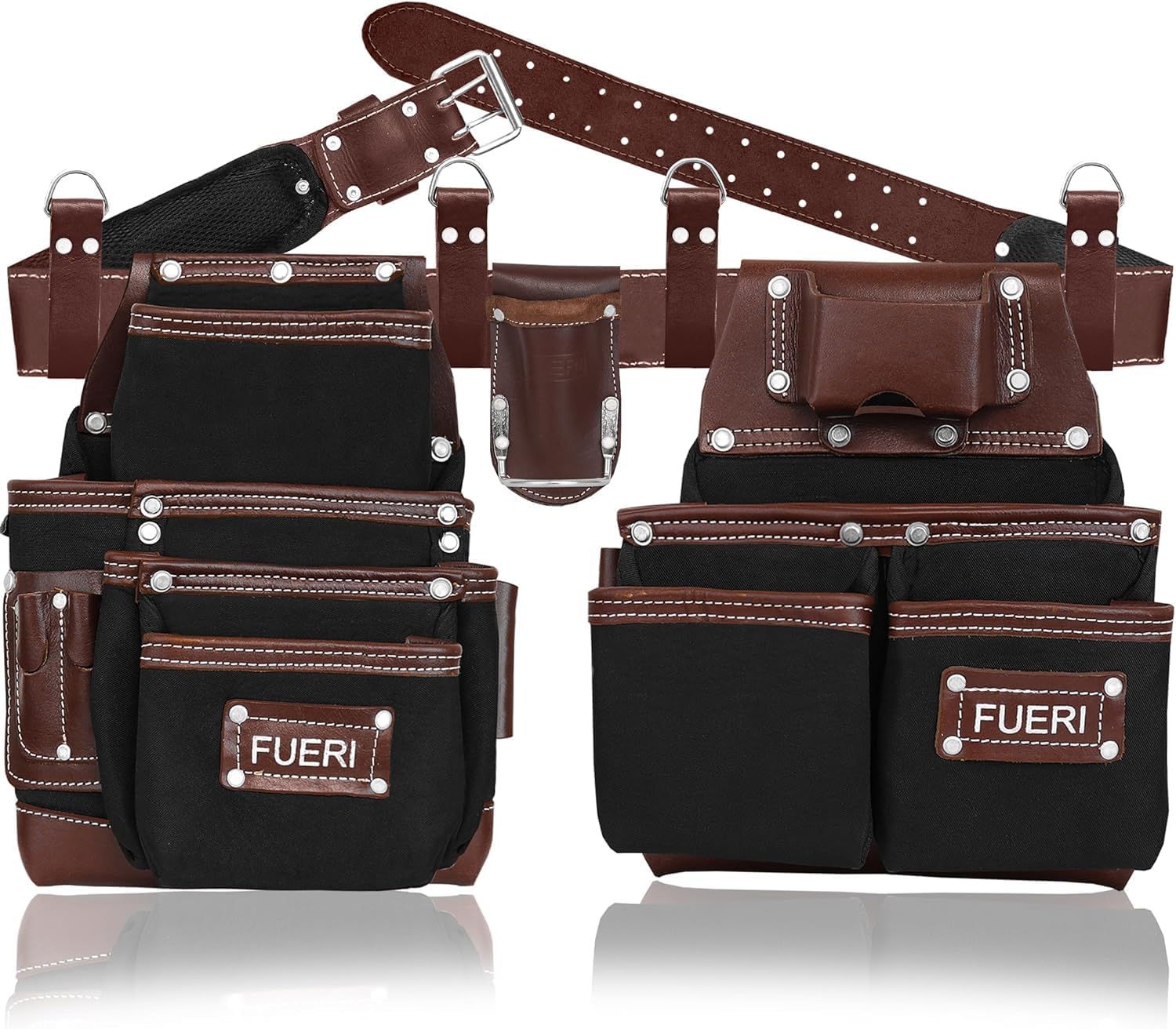 FUERI Nylon Tool Belt Bags Pouches Heavy Duty for Men Construction Carpenter Electrician Framer Work Black & Brown