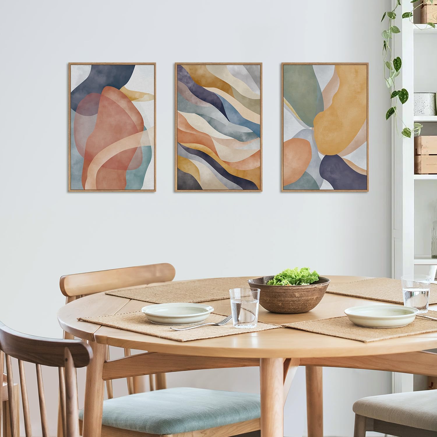 LHIUEM Large Abstract Neutral Framed Canvas Wall Art Set,Colorful Watercolor Block Wall Decor,Boho Geometric Illustrations Artwork for Living Room,Bedroom,Dining Room,Office - 24'x36'x3